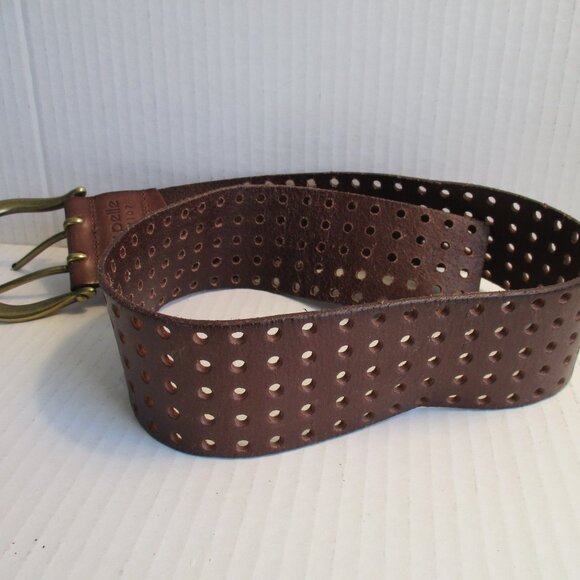 *Linea Pelle Brown Boho Chestnut Perforated Double Prong Buckle Belt - Picture 6 of 7